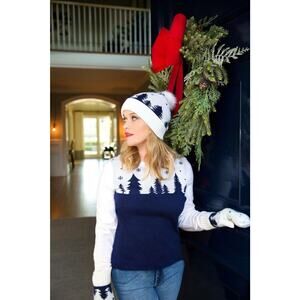 Draper James Sz Small "Landscape Intarsia Sweater" 100% Merino Wool Blue Cream